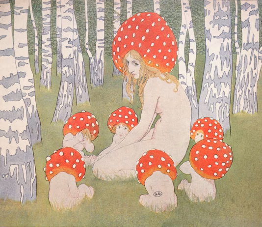À la Mode in Mushrooms Mother Mushroom With Her Children (c. 1900), by Edward Okun. Image courtesy Art Renewal Center.