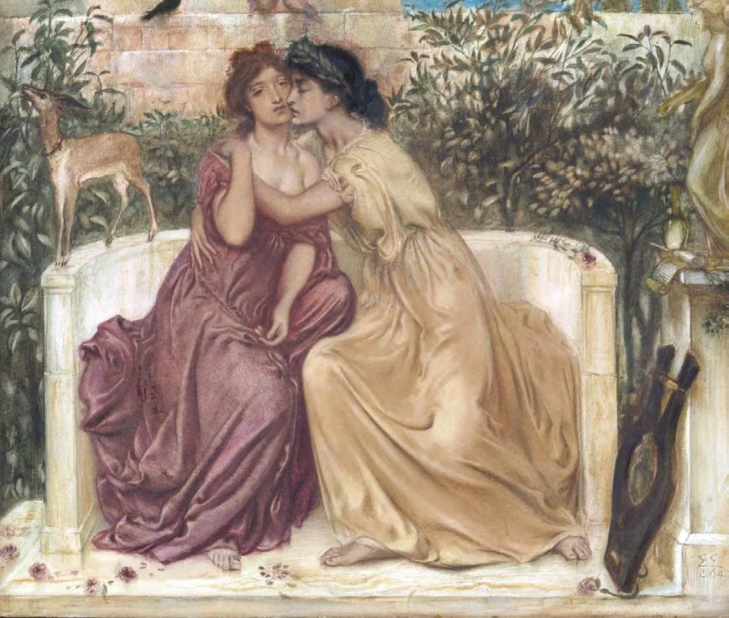 Sappho and Erinna in a Garden at Mytilene (1864), by Simeon Solomon Sappho and Erinna in a Garden at Mytilene (1864), by Simeon Solomon